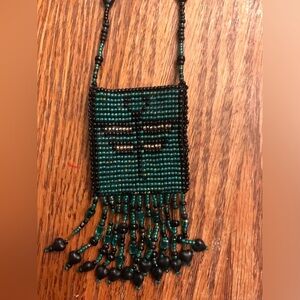 Teal and black long beaded dragonfly necklace
